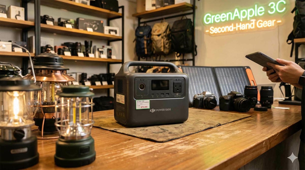 二手露營裝備與 DJI Power 1000 戶外電源陳列於交易櫃檯，營造市集氛圍 (Used camping gear and DJI Power 1000 outdoor power station displayed on a trading counter, creating a market atmosphere).
